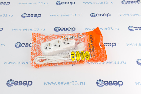 Удлинитель бытовой 3 гнезда 2метра с заземлением ПВС3х1 3680 Вт белый_1